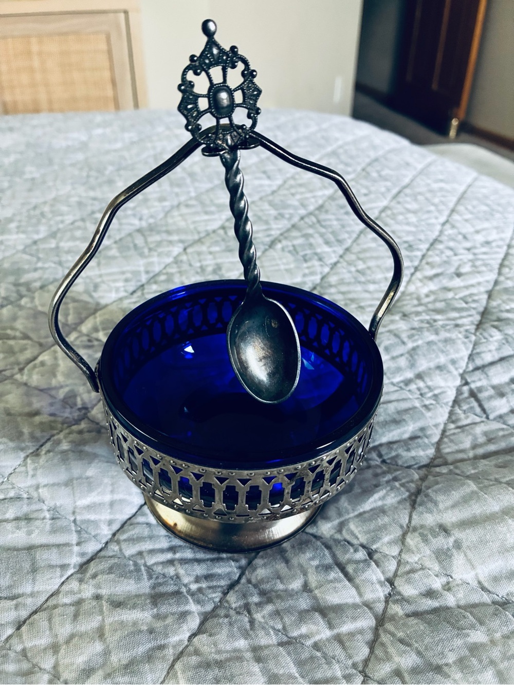 Cobalt Blue Glass Server Bowl with Silver-plated Holder and Spoon